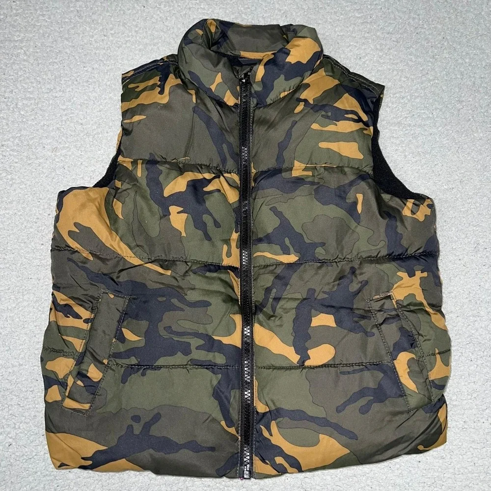 Old Navy Puffer Vest Youth Sz S (6-7) Green Brown Camo Quilted Zip Up Sleeveless